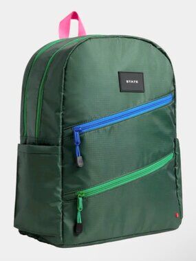 STATE Ripstop Kane Kids Double Pocket LARGE Backpack Olive Green Diagonal Zipper